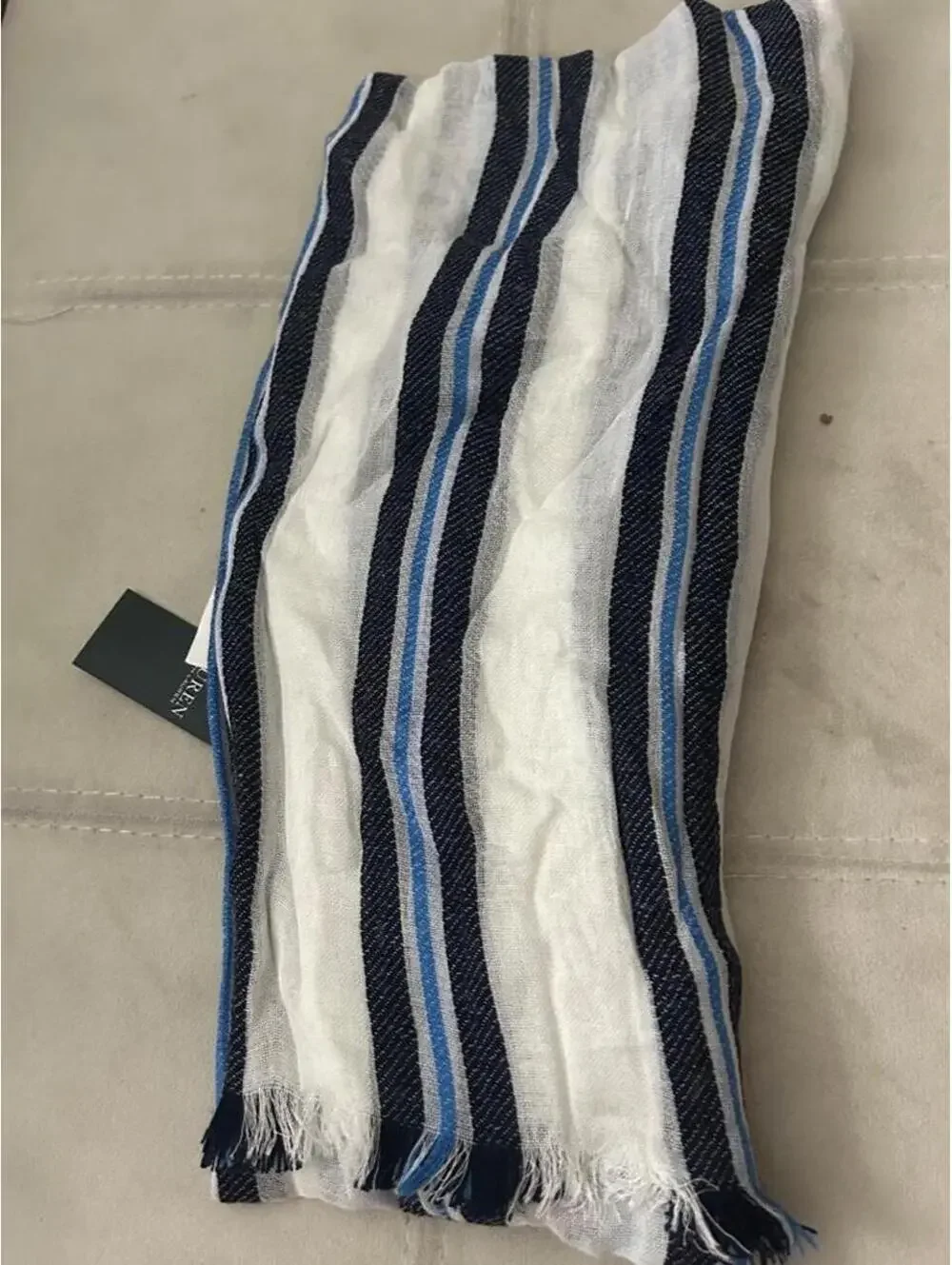 NWT Lauren Ralph Lauren white, black, and blue striped fringe scarf